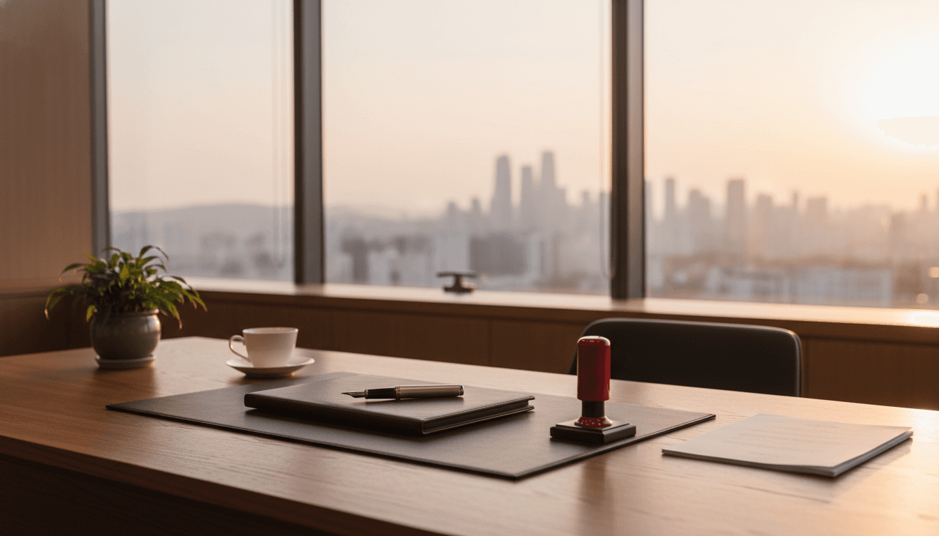 Korean corporate seal, leather portfolio, and incorporation documents on a Seoul executive desk