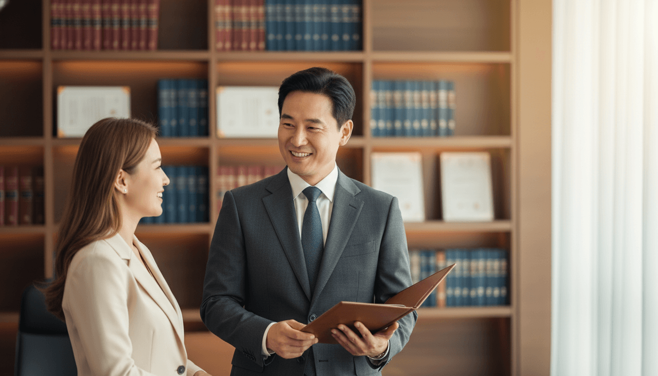Confident Korean professional partner in a tailored suit speaking with a Western client in a Seoul professional services office