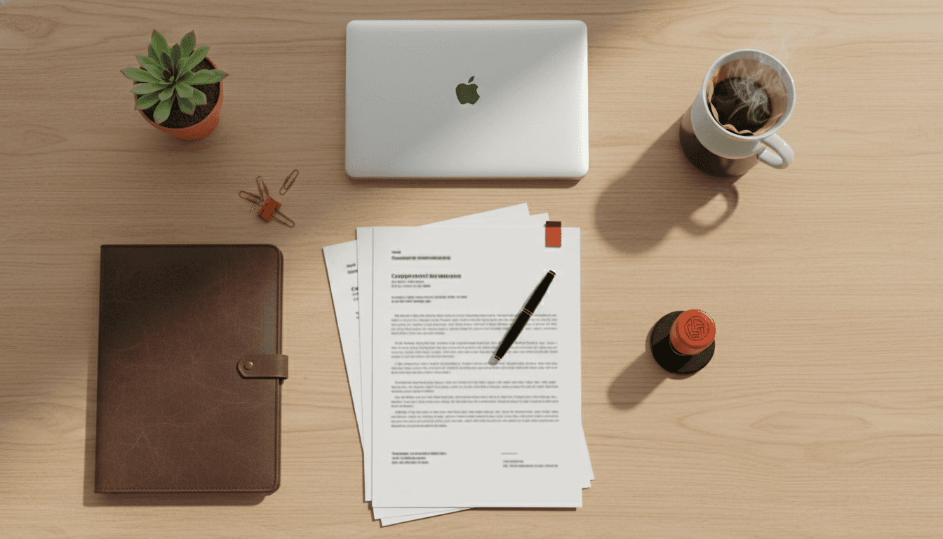 Overhead flat-lay of incorporation documents, fountain pen, and a Korean corporate seal arranged on a wooden desk