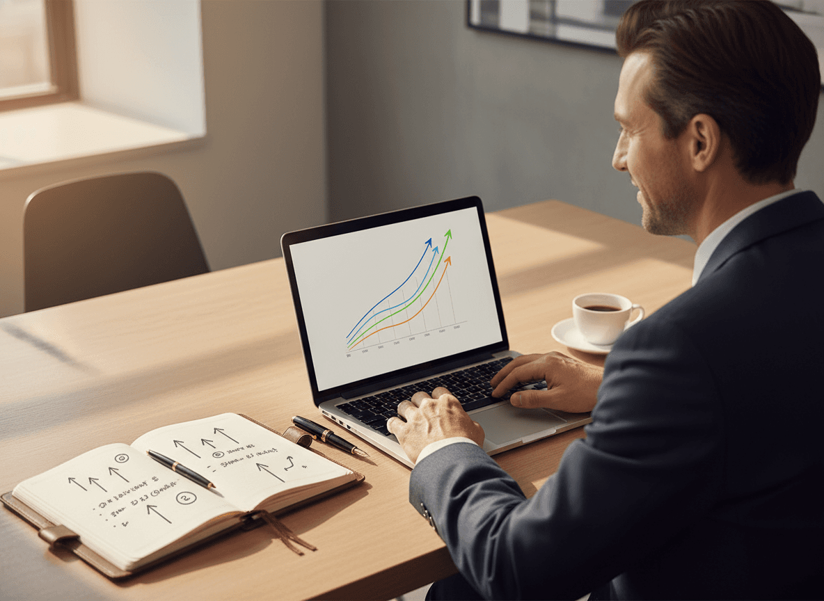 Western brand executive reviewing growth data and a stamped document on a clean modern desk