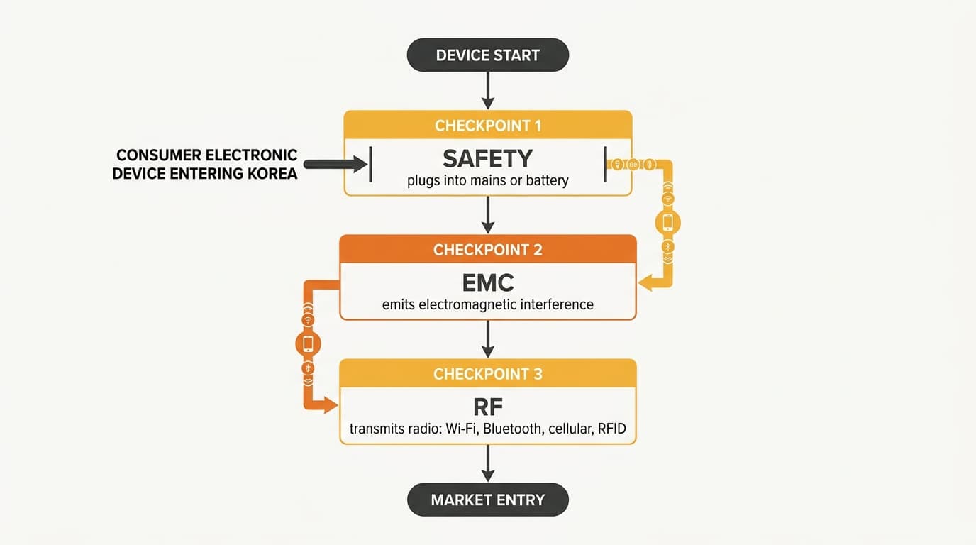 The KC mark as an umbrella splitting into a product-safety lane and a radio/EMC lane governed by two authorities